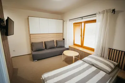 a bedroom with two beds and a couch and a window at Penzion Tsport in Wotitz