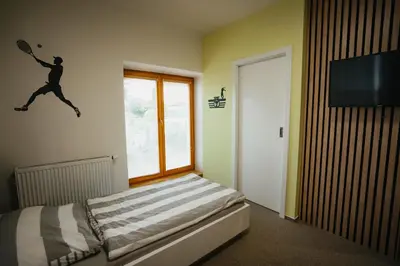 a bedroom with a bed with a tennis player on the wall at Penzion Tsport in Wotitz