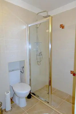 a bathroom with a toilet and a glass shower at Green Club in Tursko