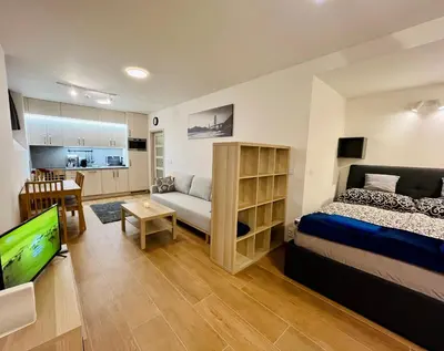a bedroom with a bed and a tv in a room at Pleasant Basement Apartment in Prague