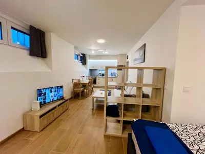 a bedroom with a bed and a living room with a television at Pleasant Basement Apartment in Prague