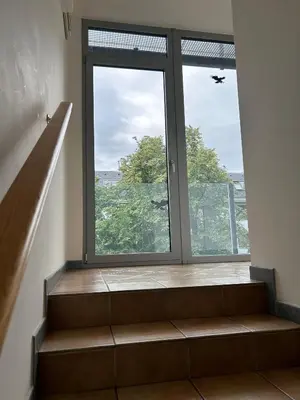 a staircase in a building with a large window at Apartmán v srdci Poděbrad 100m2 in Poděbrady