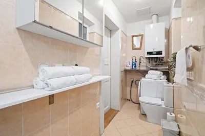 a bathroom with a toilet and a sink with towels at Vintage APTs in Heart of Prague by Michal&Friends in Prague