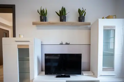 a living room with a tv and a fireplace at Spacious Apartment 20 Min from National Theatre in Prague