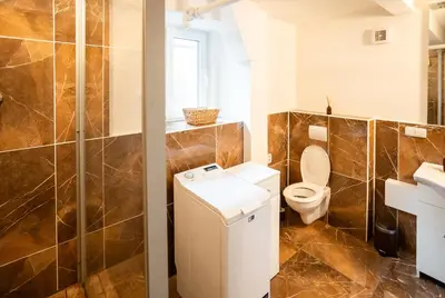 a bathroom with a toilet and a sink at Spacious Apartment 20 Min from National Theatre in Prague