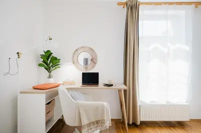 a desk in a room with a window at Prague Days - Studio with Workspace by TV Tower in Žižkov in Prague