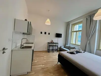 a bedroom with a bed and a kitchen with a sink at Apt near Muzeum Prague 1 in Prague