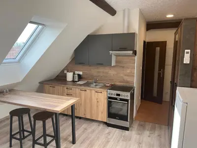 a kitchen with a table and chairs in a attic at Ubytování 1kk ve Zlonicích in Slaný