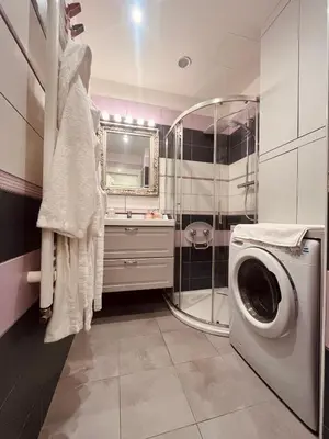 a bathroom with a washing machine and a sink at Modern apartment Na Hluboké in Prague in Prague