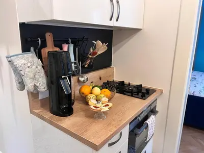 a bowl of fruit on a counter in a kitchen at Modern apartment Na Hluboké in Prague in Prague