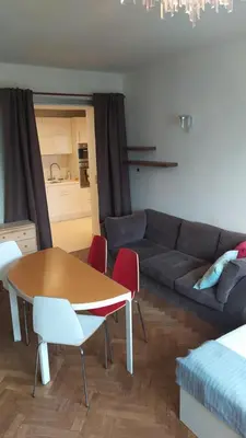 a living room with a table and a couch at Spacious Rooms in Prague 6 near center in Prague