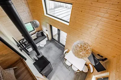 an overhead view of a living room with a wooden ceiling at RESORT SALIXA u Poděbrad in Poděbrady