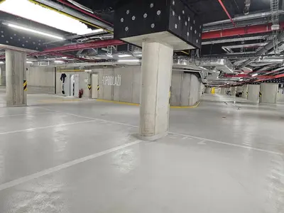 an empty parking lot in a parking garage at Prague Smíchov Anděl Apartment in Prague