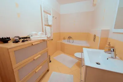 a bathroom with a sink and a toilet at Apartmán u METRA, 4 hosté, parking free, blízko O2 arena in Prague