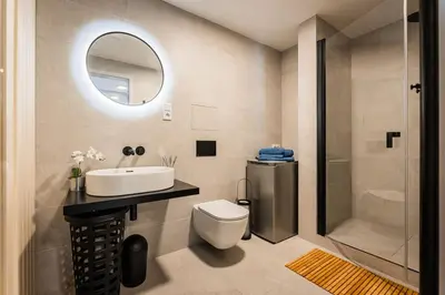 a bathroom with a sink and a toilet and a shower at Romantic wellness apartment in Prague