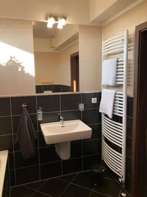 a bathroom with a sink and a mirror at Apartment Little Hill in Prague