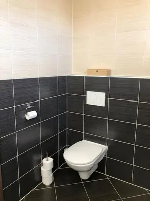 a bathroom with a toilet in a black tiled wall at Apartment Little Hill in Prague