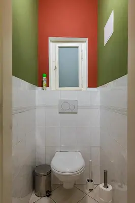 a bathroom with a toilet and a window at Liliova Apartments in Prague