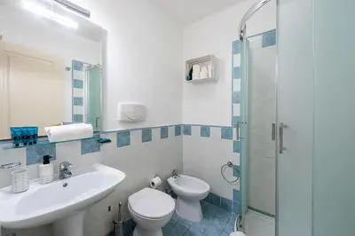 a bathroom with a sink and a toilet and a shower at Tyrsova Apartment in Prague