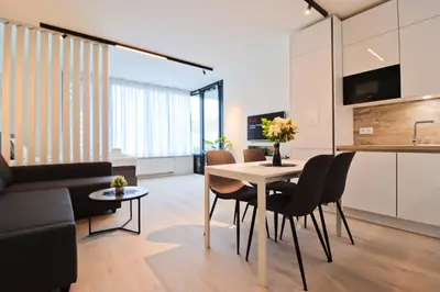 a kitchen and living room with a table and chairs at Sunny Apartment in Smichov, Prague 5 in Prague