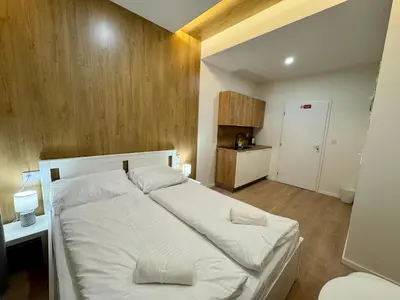 a bedroom with a white bed with a wooden wall at Zitna Downtown Apartments in Prague