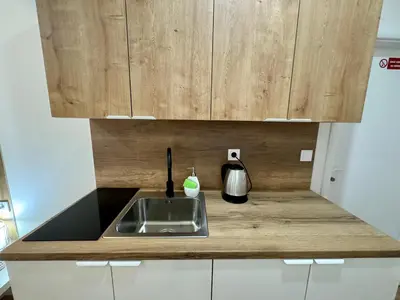 a kitchen with a sink and a counter top at Zitna Downtown Apartments in Prague