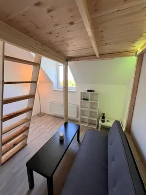 a living room with a couch and a table at Studio Prosecká vyhlídka in Prague