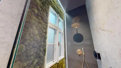 a hallway with a window and a wall with moss at Naprstek Castle View Residence in Prague