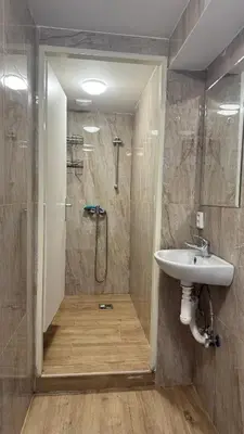 a bathroom with a shower and a sink at 布拉格城堡公寓 in Rudná