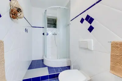 a bathroom with a shower and a toilet at Romantic apartment by the park - uaka7 in Prague