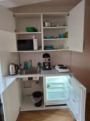 a small kitchen with white cabinets and a sink at Apartmán Hajní 1368 in Prague