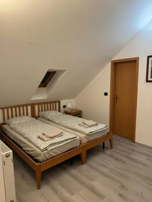 a bedroom with a bed in a attic at Vitkova Duplex apartment with terrace near Florenc in Prague