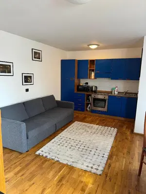 a living room with a couch and a kitchen at 1 Bed Flat - Sleeps 4 - Pets - Smoking on terrace in Prague