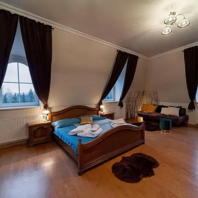 a bedroom with a bed with blue sheets and a couch at DiamondHouse vila & wellness in Kolín