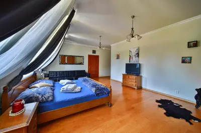 a bedroom with a blue bed and a television at DiamondHouse vila & wellness in Kolín