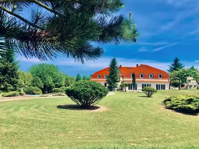a large house with an orange roof in a field at DiamondHouse vila & wellness in Kolín