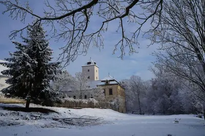 an old building in the snow with a christmas tree at Villa Lobkovice: Gemütliches Gästehaus am Schloss in Lobkovice
