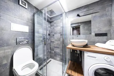 a bathroom with a shower and a toilet and a sink at Bohéme Apartments - Karlín in Prague