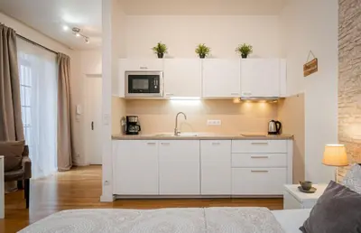 a kitchen with white cabinets and a microwave at Old Town Square Studio in Prague