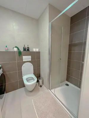 a bathroom with a toilet and a shower at My Mozartova in Prague