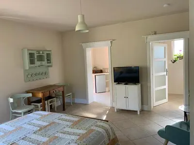 a bedroom with a bed and a television and a table at Apartment Nedamov in Dubá