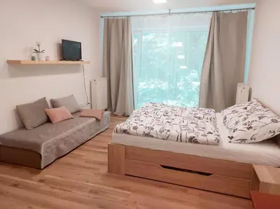 a bed and a couch in a room with a window at Apartmán IRIS Poděbrady in Poděbrady