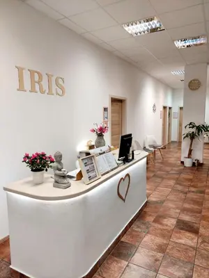 a reception counter in a hospital with flowers on it at Apartmán IRIS Poděbrady in Poděbrady