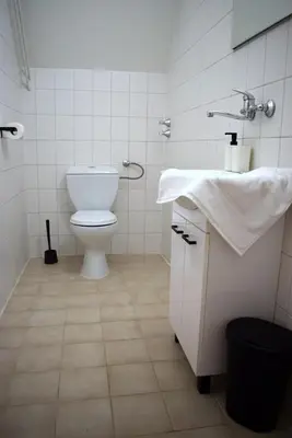 a white bathroom with a toilet and a sink at Penzion Škubánek in Mladá Boleslav