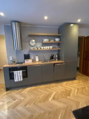 a kitchen with a sink and a counter top at 2+kk se vstupem na zahradu in Prague