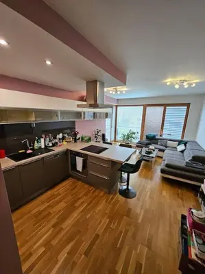a large kitchen and living room with a couch at Nádherný byt v krásném prostředí in Prague
