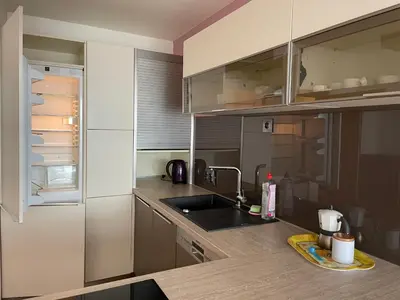 a kitchen with a sink and a refrigerator at Nádherný byt v krásném prostředí in Prague