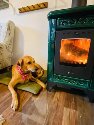 a dog laying on the floor next to a stove at Doma na Lipníku-private country house, homestay in Lipník