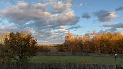 a field with a fence and trees and a cloudy sky at Apartmány U Obory in Nechánice