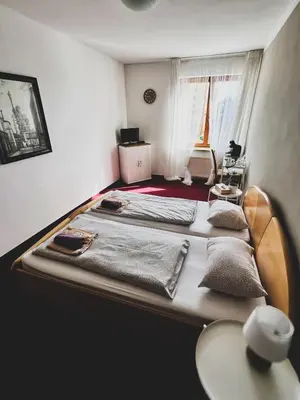 a bedroom with two beds in a room with a window at hotel Florian Sedlčany in Sedlčany